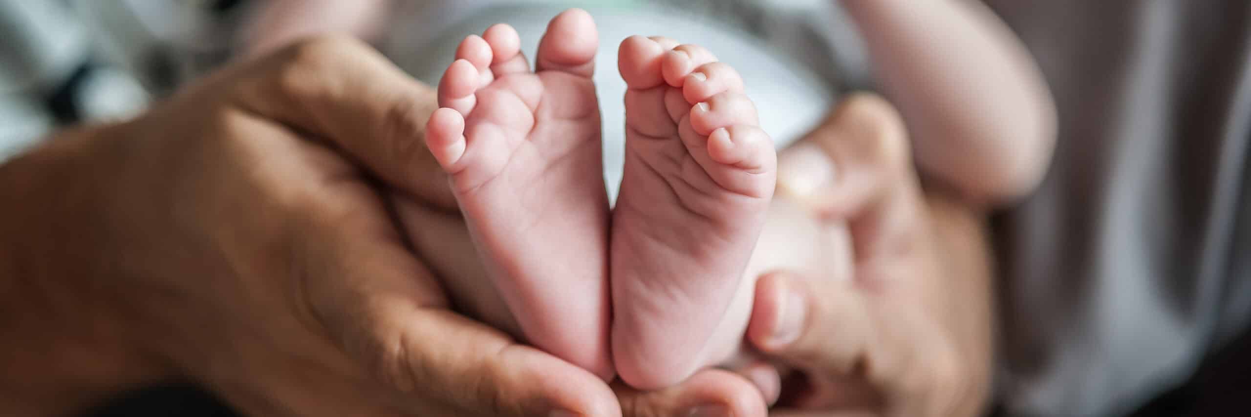 Cute baby leg in parent hands. Macro of foot fingers